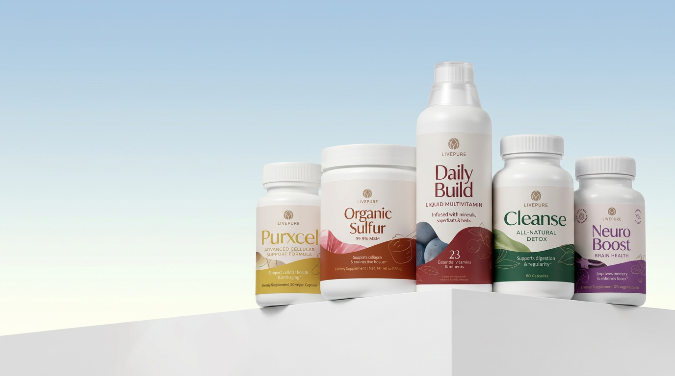 The product family: Purxcel, Organic Sulfur, Daily Build, Cleanse and Neuro Boost